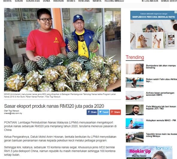 SASAR EKSPORT NANAS RM320 JUTA